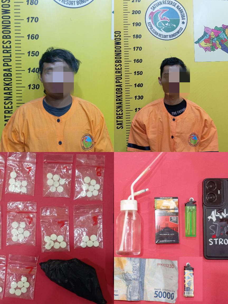 Tersangka Pengedar Narkoba Beserta Barang Bukti Saat Penyidikan di Mapolres Bondowoso