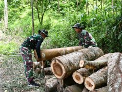 Satgas Dibantu Warga Angkut Kayu Super Bahan Bangunan TMMD Ke-123 Kodim 0822