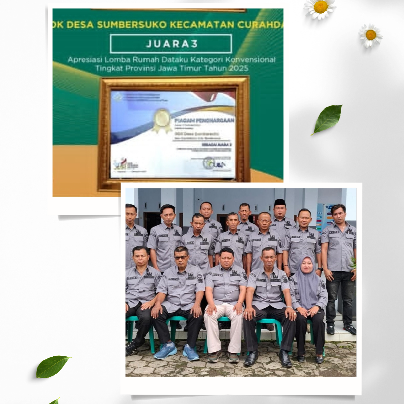 Piagam Penghargaan dan Para perangkat Desa Sumbersuko Saat Terima Piagam